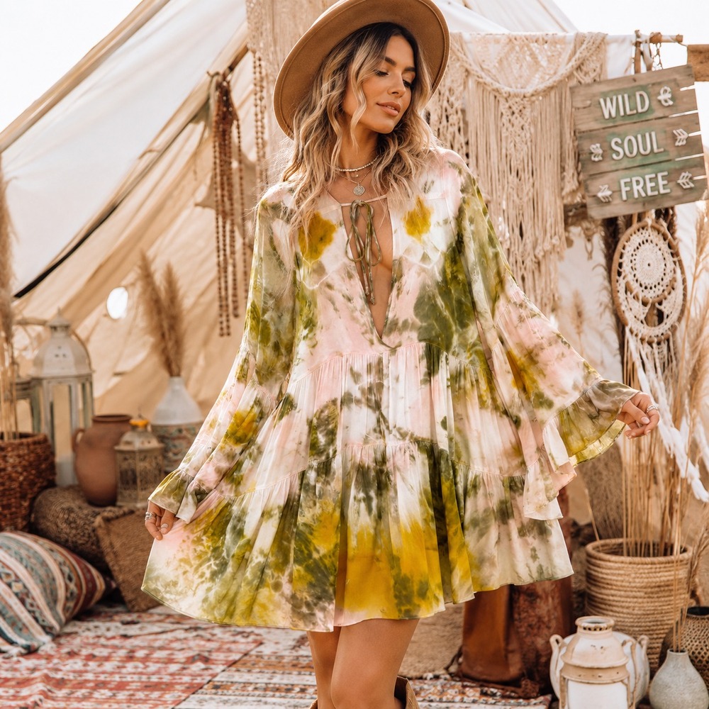 Young Fabulous & Broke Tie Dye Mini Dress Sz M Bell Sleeve Boho Hippie Festival